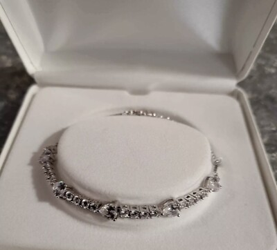 #ad Sterling Silver Cubic Zirconia Heart Chain Bracelet
