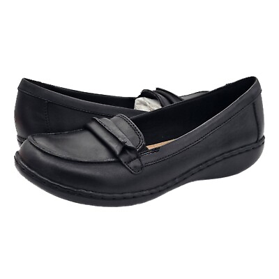 #ad Clarks Womans Ashland Lily Loafers Slip On Round Toe Leather Black 7.5 New