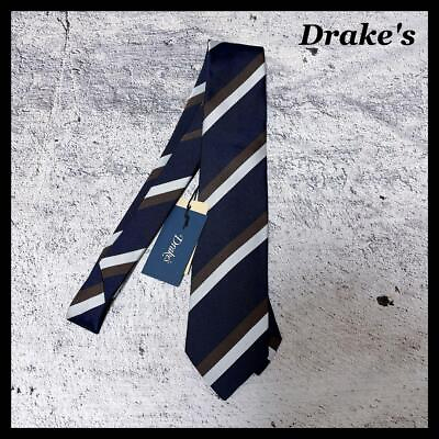 #ad New Unused Drake#x27;s Neck Tie Striped Blue Brown White 100%Silk Made in London
