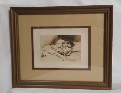 #ad Vtg Precious Children Sleeping Entitled quot;CHILDHOODquot; Sepia Brown Framed Matted