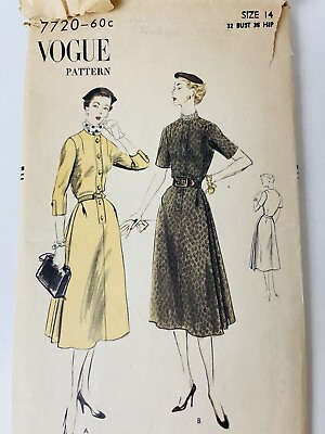 #ad Vintage Vogue Pleated Button Front Dress 1952 Pattern # 7720 UNUSED Size14 READ