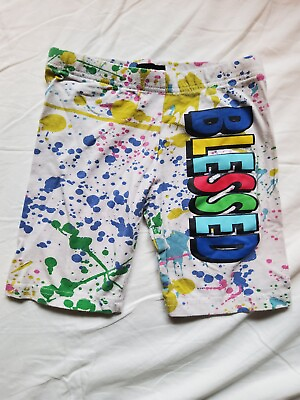 #ad On Fire Girls Paint Splattered Shorts White #x27;Blessed#x27; Christian Clothes S 7 8