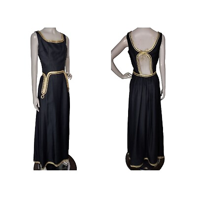 #ad Vintage 30#x27;s 40#x27;s Rose Williams Black Metallic Gold Trim Formal Party Dress