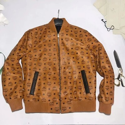 #ad $2160 MCM Mens Leather Jacket Bomber Style Brown Genuine Leather Jacket M003