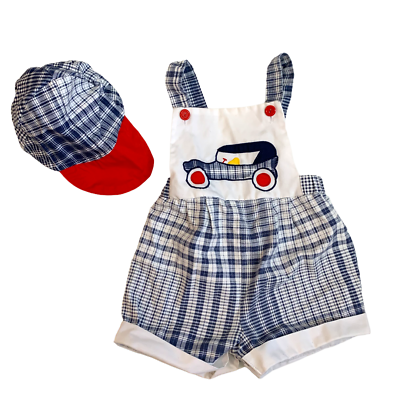 #ad Vintage Nannette Baby Boy Outfit Shortalls Romper Car Hat Cap Plaid 24 Months 2T