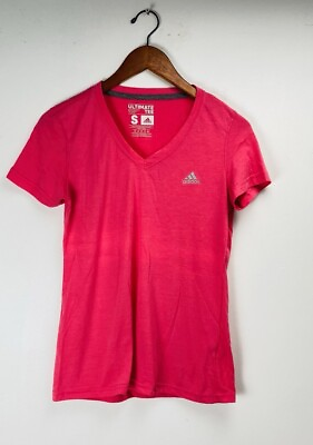 #ad Adidas Women#x27;s Small Ultimate V Neck Short Sleeve Tee Shirt Top T Shirt Pink