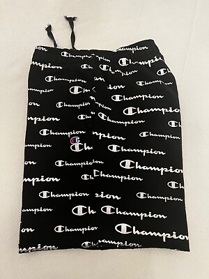 #ad Champion Logo All Over Sweat Shorts Authentic Athletic Wear LARGE Drawstring