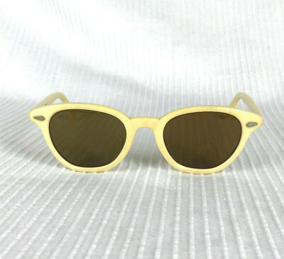 #ad Vtg 50s Cat Eye Sunglasses Ivory Brown Glass Lens Non Rx Small Frame 42 20 wCase