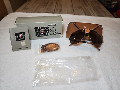 #ad Vintage 80s Swiss Army Sunglasses Leather Case Aviator Mod. 24601 Black New