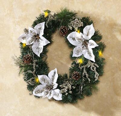 #ad Christmas Lighted White Poinsettia Holiday Wreath 15quot; Diameter