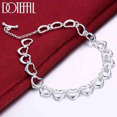 #ad DOTEFFIL 925 Sterling Silver Full Heart Chain Bracelet Fashion Charm Jewelry