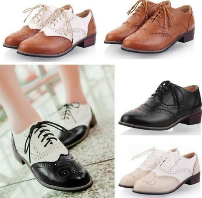 #ad Womens Oxford Ladies Wingtip Brogue Preppy Lace Up Flats Retro Shoes Plus Size