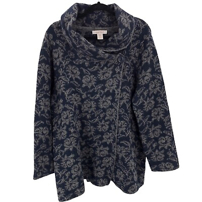 #ad Ellen Tracy Cardigan Sweater Womens 1X Plus Wool Blend Blue Gray Floral Shawl