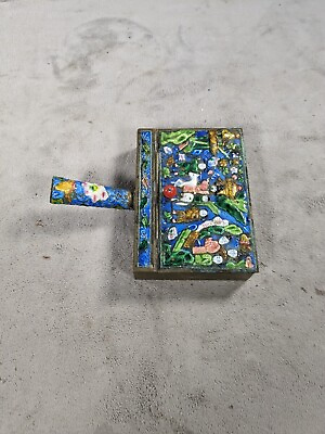 #ad Antique Cloisonne Chinoserie Enameled Brass Chinese Handled Silk Iron Box w Lid