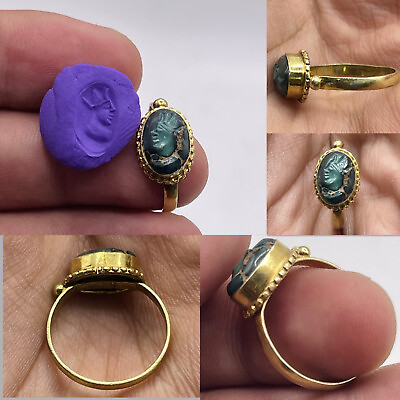 #ad SUPERB ANCIENT ROMAN HIGH CARAT GOLD RING WITH TOURQUIES INTAGLIO KING DEPICTED