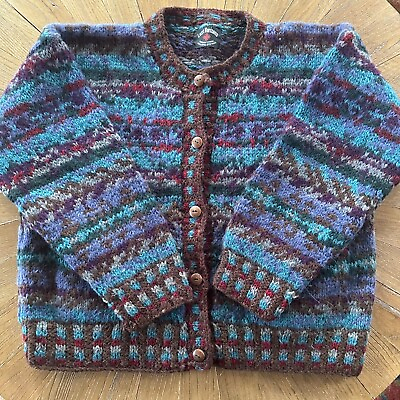 #ad Vintage 90s Lost Horizons Kettle Dyed Wool Sweater Hand Knit One Size Large Blue