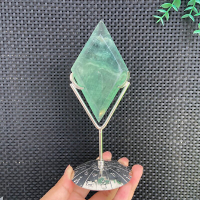 #ad 168g Green Fluorite Stone Cutting Rhombus Carving Quartz Crystal HealingStand