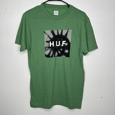 #ad Huf Classic Green Color Arionded Tye Die Box Logo Mens T shirt Size Small