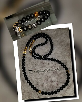 #ad Lucky Dragon Gold AA Matte Black 10mm Healing Gemstone Beaded Mens Yoga Necklace