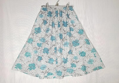 #ad Vtg 50s Full Skirt Cotton Blue Rose Print Silver Webs Elastic Pockets Pinup L XL