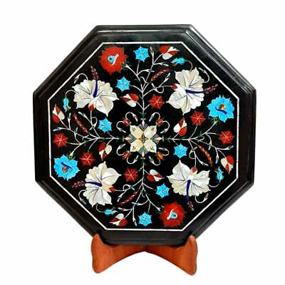 #ad 12quot; Black Marble side Table Top Pietra Dura Inlay art Home Decor