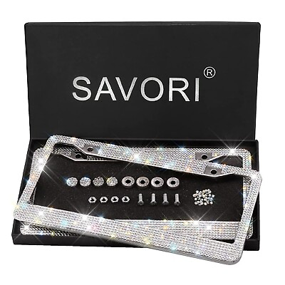 #ad SAVORI License Plate Frame Luxury Handcrafted Bling White Rhinestone Crystal...