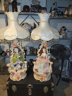 #ad Large Italian Porcelain Male amp; Female Figural Capodimonte Lamp Pair Vintage Set