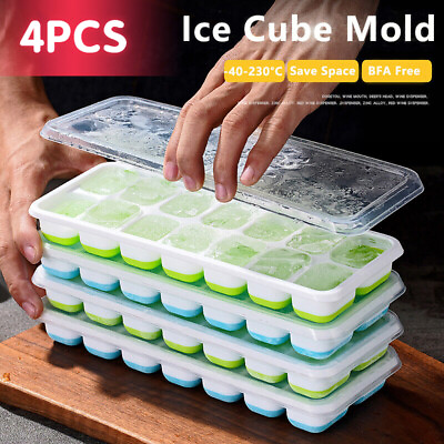 #ad Ice Cube Tray4 Pack Silicone Ice Tray 14 Ice Cube Molds with Lids Stackable USA