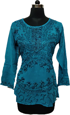 #ad Blue Gypsy Top Indian Bohemian Solid Hippie Embroidered Blouse Beach Tops Tshirt