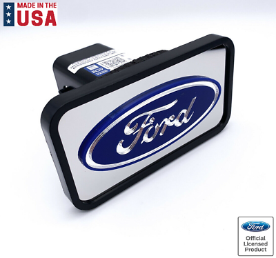 #ad ABS Mirrored Tow Hitch Cover w Blue Ford Oval Logo Emblem Fits 2quot; Receivers
