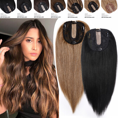 #ad 100% Remy Human Hair Toupee Silk Base Topper Clip In Hairpiece Bang Women 4clips
