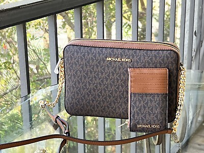 #ad Michael Kors Crossbody Messenger Handbag Purse Brown Mk Bag card case Wallet