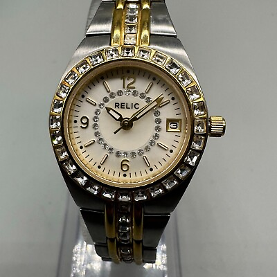 #ad Relic Watch Women Silver Gold Two Tone Crystal Bezel Date New Battery 7.75quot;