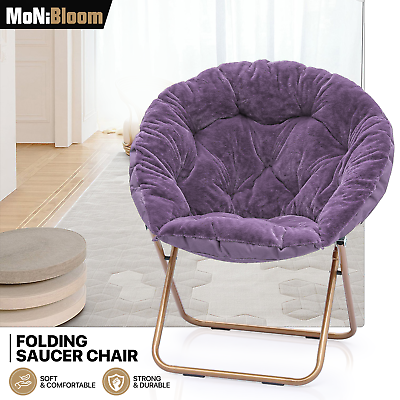 #ad Purple Folding Faux Fur Saucer Accent Chair Padded Seat Moon Chair w Metal Frame