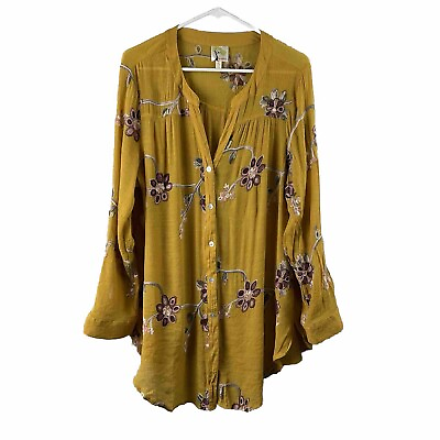 #ad Fig amp; Flower Button Up Shirt Top Mustard Floral Embroidery Long Sleeve Boho 2X