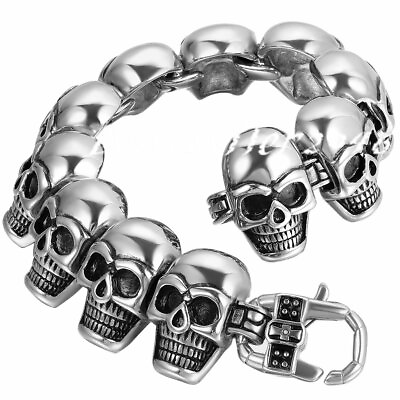 #ad Mens Gothic Punk Large Heavy Skull Head Link Bracelet Stainless Steel Bangle 9quot;