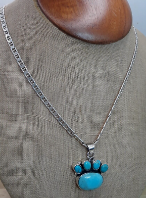 #ad Southwestern Artisan Turquoise Sterling Silver Paw Print Pendant Necklace 20quot;