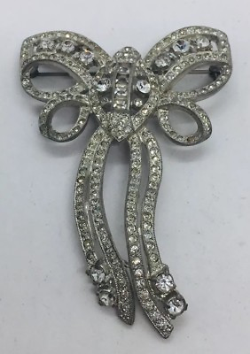 #ad Antique Paste Metal Clear Rhinestone Large Bow Pin