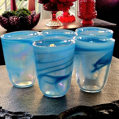 #ad Set Of 5 Artistic Accents Iridescent Blue Swirl 5quot; Tumblers Thick Glass NICE