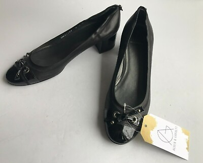 #ad Stuart Weitzman Black Heels W Patent Leather Bows and Toe Size 8.5 Narrow US