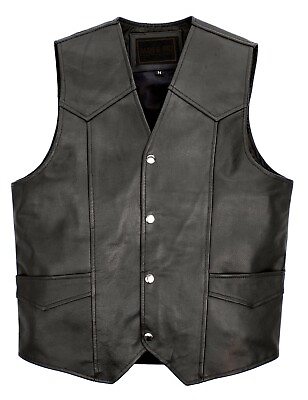 #ad Men#x27;s Leather Vest Motorcycle Biker Genuine Cowhide Leather Waistcoat Black Vest