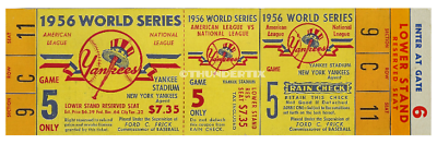 #ad 1 1956 WORLD SERIES YANKEES UNUSED FULL TICKET PERFECT game 5 laminated reprint