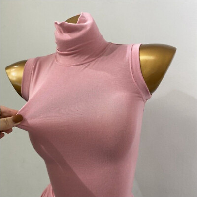 #ad Women Sleeveless Turtleneck Vest Slim Thin Crop Top Tee Ribbed Tank T Shirts Top