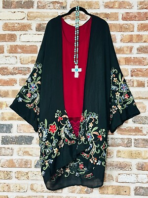 #ad BOHO Black EMBROIDERED KIMONO CARDIGAN DUSTER One Size fits S 1X
