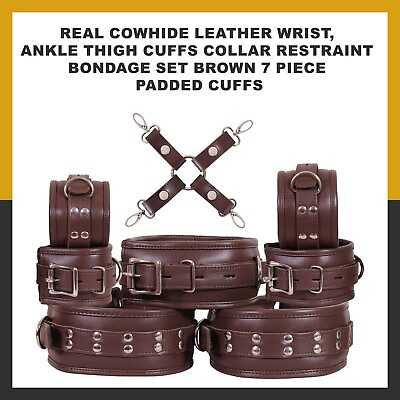 #ad Genuine Cowhide Leather Writs Ankle Thigh Cuffs amp; Collar Bdsm Restraints 7pcs