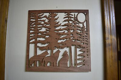 #ad Wood Laser Cut 3 Wolves Howling Nature Decor Sign Rustic Wall Art Wolf