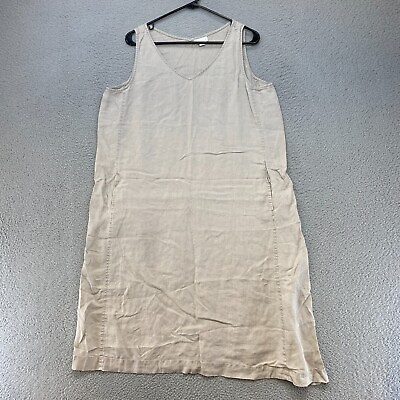 #ad Pure Jill Midi Dress Womens Large 100% Linen Beige Neutral Asymmetric Lagenlook