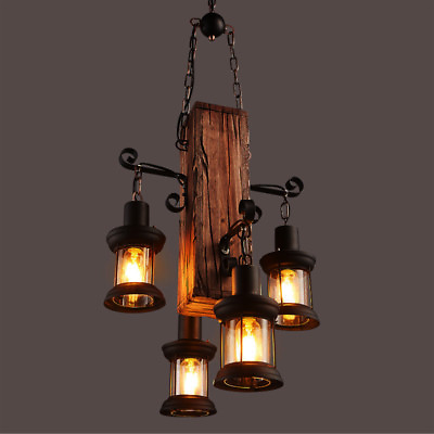 #ad 4 Heads Wood Chandelier Iron Ceiling Lamp Industrial Rustic Pendant Retro Light