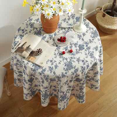 #ad Cotton Linen Peony Printed Table Cloth With Tassel Floral Circular Table Cover