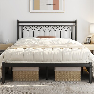 #ad Twin Full Queen Size Metal Platform Bed Frame with Petal Accented Headboard